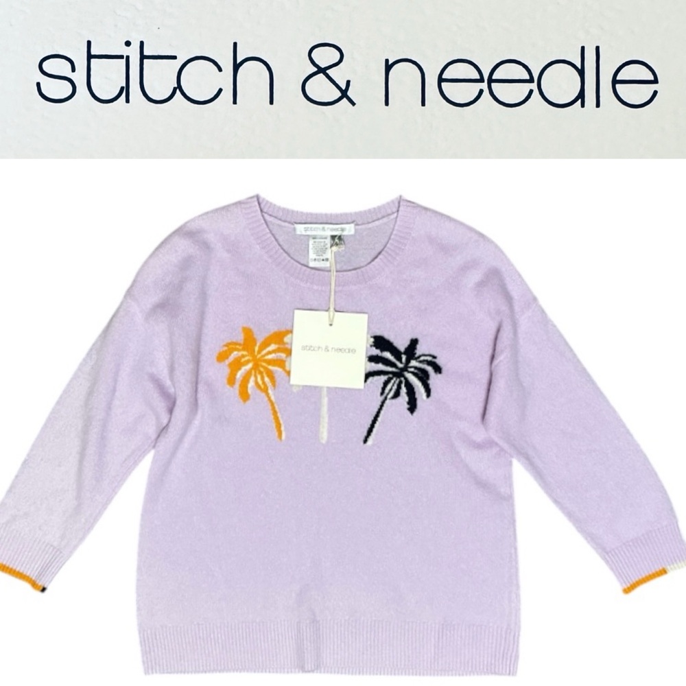 Stitch & Needle Lilac Palm Trees 3/4 Sleeve Top cashmere Sweater size Small